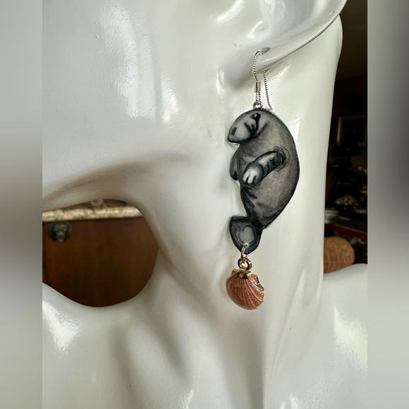 Hand painted manatee, earrings, lightweight sterling wires with metal charm OOAK - Picture 4 of 4